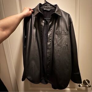 Black Faux Leather Shirt Jacket